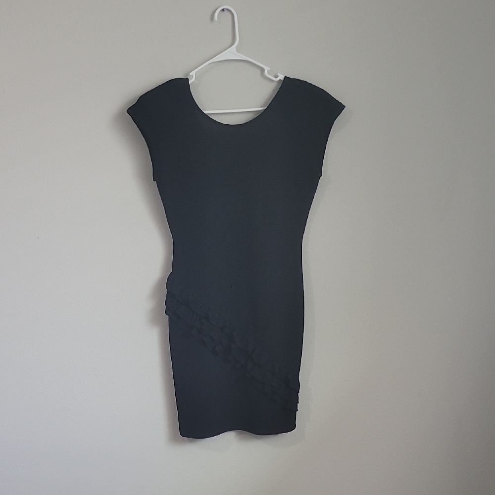 Cap-Sleeve Black Mini Dress with Diagonal Ruffle